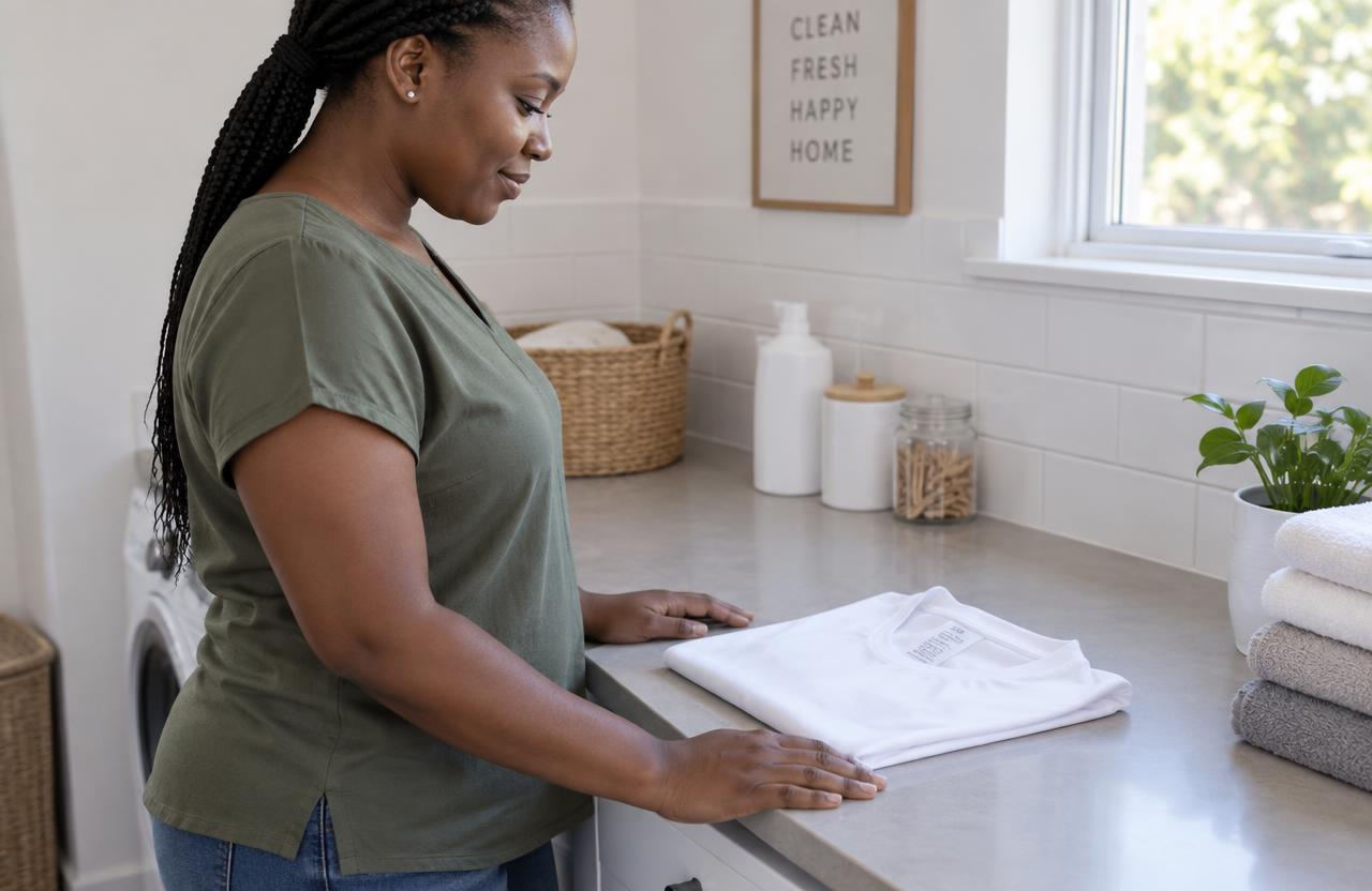 A Kenyan woman reading the care label inside a cotton shirt