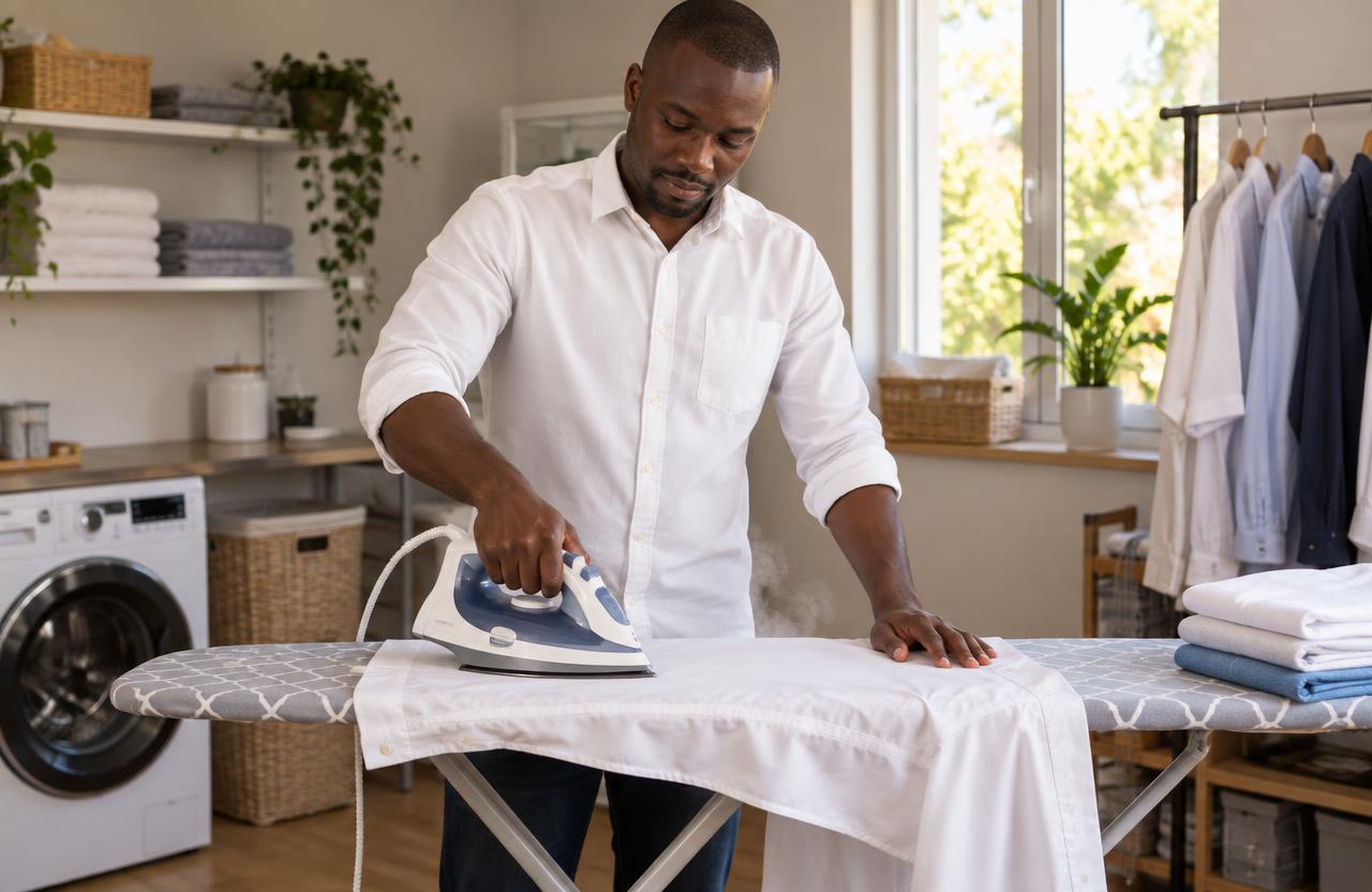 A Kenyan man pressing a white office shirt on a padded board