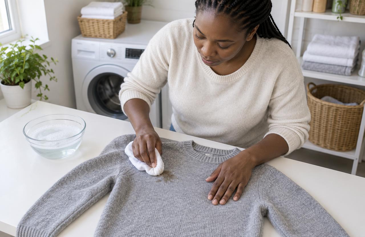 Careful hands lifting a fresh stain from a school sweater with a soft brush