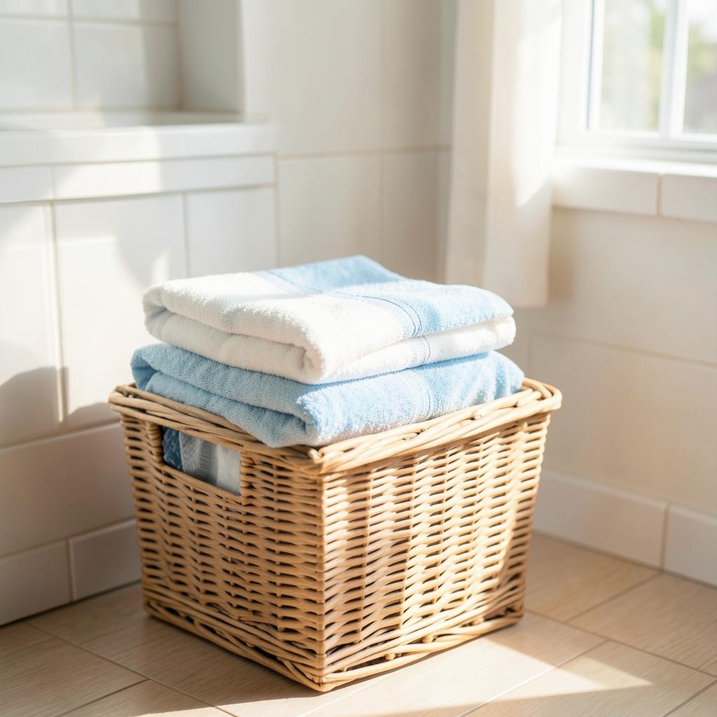 Freshly laundered white towels folded in a neat stack